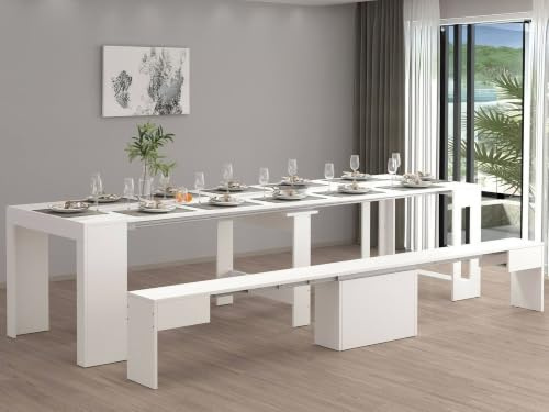 Dmora – Banco Ubertino, Asiento para Mesa de Comedor, Banco Individual Extensible, 290 x 25 x 45 cm, Color Blanco Brillante