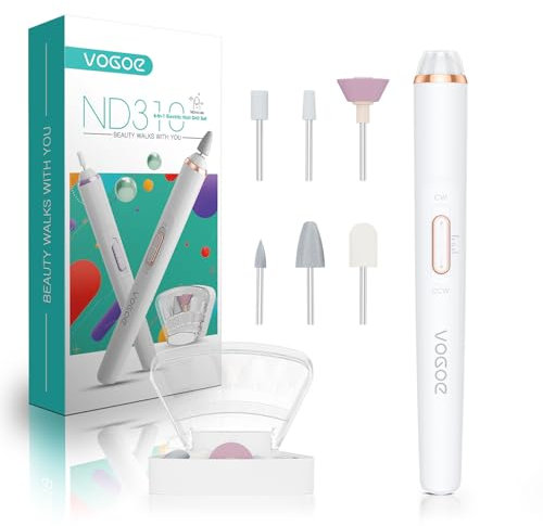 VOGOE Fresa per Unghie, Fresa per Unghie Professionale Senza Fili con Luce LED, Velocità Regolabile & 2 Direzioni, Kit Manicure-Pedicure con 6 Frese per Unghie per Acrilico & Gel ND310 (Oro)