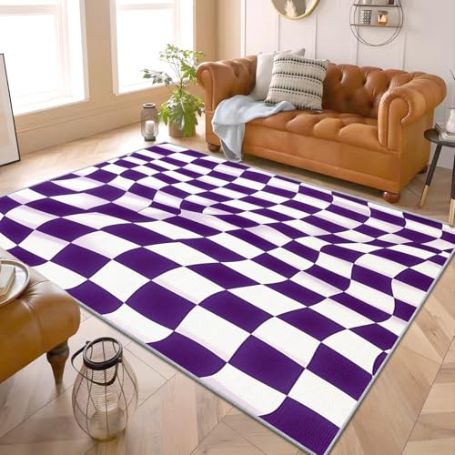 Schachbrett Teppich Lila - Teppich Wohnzimmer Schlafzimmer Karomuster, Kleiner Teppich Lila Weiß Kariert, Weich Kurzflor & Waschbar & rutschfest Fussmatte Innen, Kinderteppich 60x90 cm