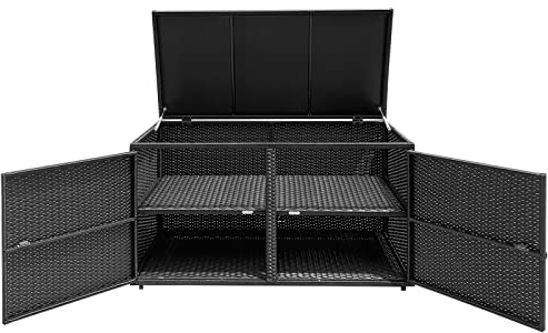 COSTWAY Baule Contenitore da 335 L, con Coperchio e 2 Ripiani, Contenitore da Giardino con Telaio in Acciaio, Baule Cassapanca per Attrezzi e Giocattoli, per Interno ed Esterno (Nero)