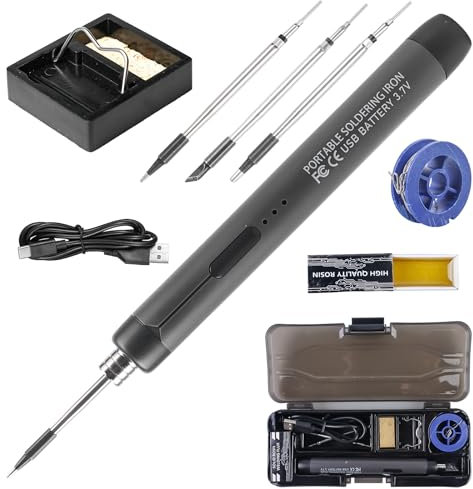 Akku Lötkolben Set, Smart Elektrischer Lötkolben Akku Set, USB Wiederaufladbar Lötkolben mit LCD, 260 ℃-420 ℃ 3 Temperaturstufen Einstellbar, 3 Lötspitzen, Tragbarer Lötkolben Schnelle Erwärmung