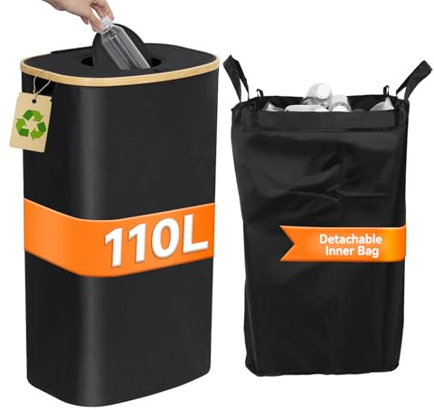 DOLLAR BOSS Bottle Recycling Bins for Kitchen 110L Indoor Recycle Bins Storage, Bottle Bin Waterproof Glass Bin, Bottle Storage Bins, Deposit Bottle Collector Bins with Lid, Reusable Inner Bag Black