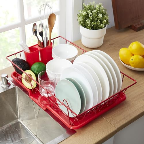 Sweet Home Collection Secado y Almacenamiento: Incluye Soporte para Cubiertos y escurridor, maximiza el Espacio de la encimera, plástico metálico, Rojo Brillante