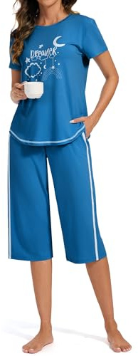 Terecey Pigiama Donna Estivo in Cotone Pigiami Due Pezzi Corto Morbido Cómodo Maglietta Stampate e 3/4 Pantaloncini con Tasca e Coulisse Regolabile para Casa