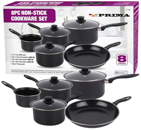 5pc Cookware Set with Lids & Bakelite Handle - Carbon Steel Non Stick Cooking Pan Saucepan Set Pot and Frying Pans | Suitable for Gas, Electric, Halogen, Solid Hotplates - Tempered Glass Lid, Black