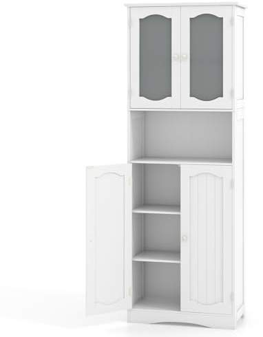 Multigot Bathroom Tall Cabinet (White) | Freestanding Storage Cupboard with Frost Tempered Glass Doors, Adjustable Shelves and Open Compartment