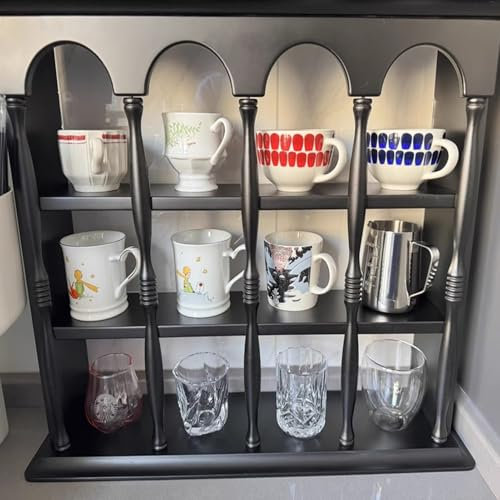 Svarta Mugghyllor i Trä, Väggmonterade Mugghållare för Samlarobjekt, Muggställ för Kök/bar/kaffestation 3 Nivåer(12 Slots)