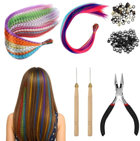 Menibeuty Plume Cheveu, 50 Extensions Haute Température 20 Plumes De Couleurs Assorties Crochet 50 Anneaux pour Enfants Synthétiques Cheveux Meche Cheveux Couleur Postiche