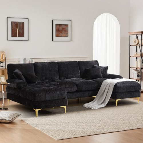 4-Sitzer Sofa Schwarz Chenille Stoff, kompakt für Wohnzimmer und Wohnung | Weicher strapazierfähiger Stoff, dicke bequeme Kissen. Stabiler Holzoptik-Füße, kompakte Bauweise, schnelle Montage.