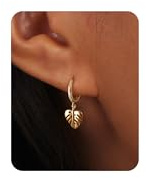 PRTGL Gold Leaf Drop Earrings: 14k Gold Plated Dainty Monstera Leaf Drop Small Hoop Earrings for Women