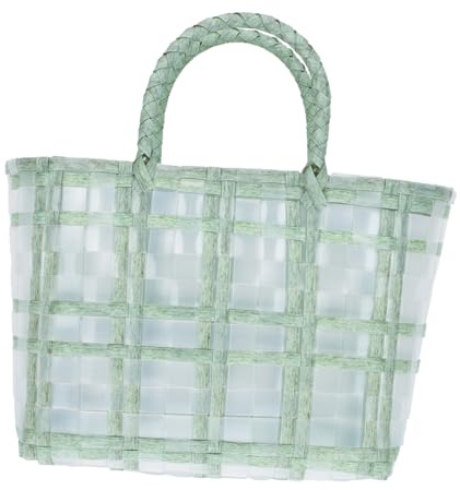 DECOMELODY Plastiktasche Handgewebt Retro Stil Handtasche mit Zylindrischem Griff Leicht Robust für Damen Strandtasche Sommer Freizeit Einkaufstasche Grün Klein