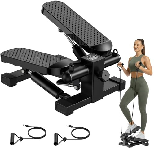 HOELLL Mini Stair Stepper with Resistance Bands for Exercise at Home, Portable Under Desk Twist Steppers for Office, Workout Equipment for Full Body Workout, 220lb Weight Capacity, LED Display, Black