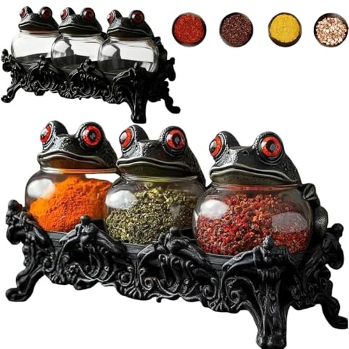 Witchy Frog Apothecary Spice Jars Set Of 3, Handcrafted Frog Spice Jar Set for Salt Pepper and Herbs,2026 Unique Vintage Jars with Frog Lids, Gothic Food Storage Containers Figurine for Tea Leaves