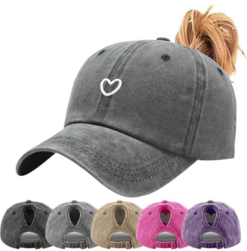 Tiakay Pferdeschwanz Baseball Cap mit Herzförmiges Stickmuster Damen Verstellbare Baseballkappe Vintage Mützen Sonnenschutz Basecap Mit Zopf Loch Verstellbarer Sonnenhut Camping-Wanderhut