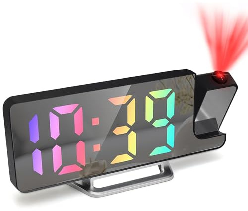 Titifeya LED Projection Alarm Clocks Digital Clock for Bedroom 180° Rotatable Projector Colorful Digit Display Snooze Temperature 12/24H 4-Level Adjustable Brightness Night Mode for Home Office Decor