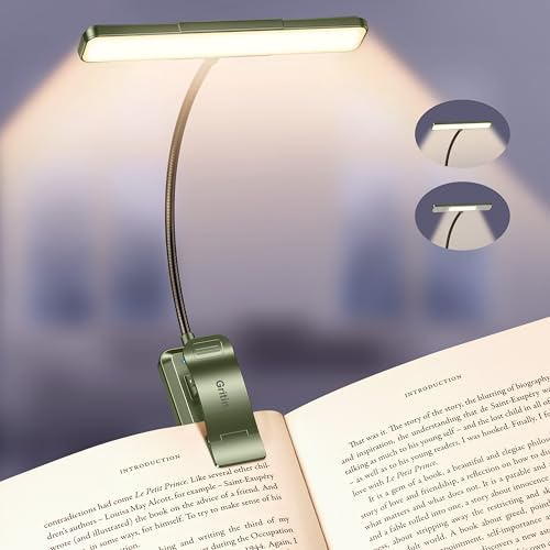 Gritin 2026 Gen 2 Leselampe Buch Klemme 32 Augenschonende Vollspektrum-LEDs, 5 Helligkeit & 5 Lichtfarbe, Einstellbar Breit/Schmal Lichtstrahl, 1500mAh Aufladbar Akku -Dunkelgrün