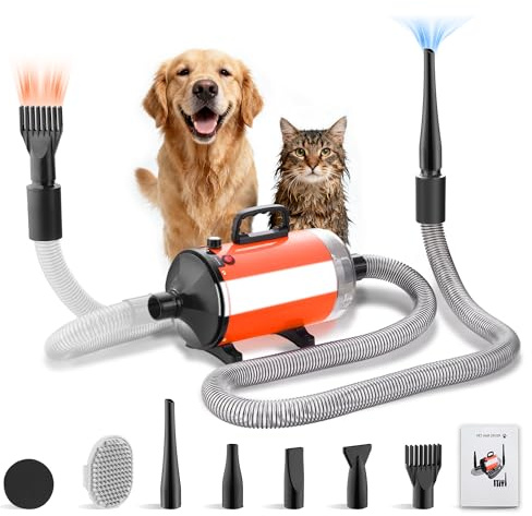 DEWINNER Pulseur pour Chien Blower 3200W, Souffleur Chien Silencieux avec Aspirateur, Animaux Vitesse et Température Réglable, avec 5 Buses différentes, 1 Tuyau élastique et Brosse d'entretien
