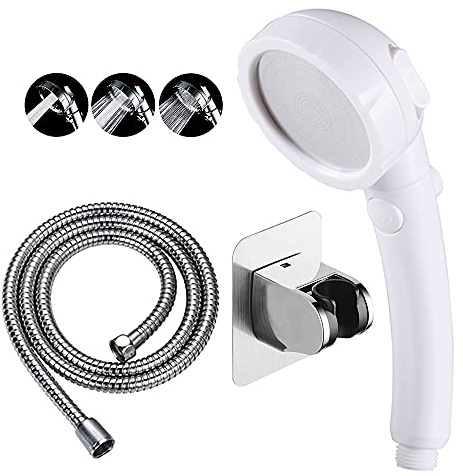 KAIYING Drill-Free High Pressure Handheld Shower Head with ON/OFF Pause Switch 3 Spray Modes Water Saving Showerhead, Detachable Shower-Head, (G:Shower Head (White)+Bracket+Hose)