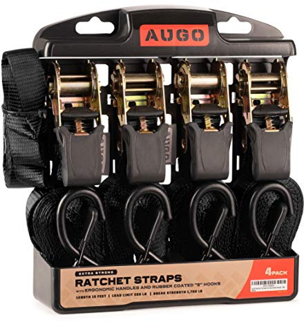 AUGO Sangles à cliquet Extra résistantes et Boucles Souples – Lot de [4] Sangles à cliquet 4,5m avec loquets de sécurité en S et – Résistance à la Rupture de 771kg pour Meubles, téléviseurs, etc.