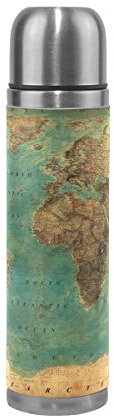 Mnsruu Vintage World Map Isolierte Wasserflasche Thermoskanne Edelstahl Doppelwandig Auslaufsicher Vakuum Reise Echtes Leder Abdeckung 500 ml