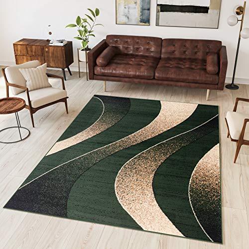 TAPISO Dream Tappeto Camera Soggiorno Salotto Moderno Verde Beige Astratto Onde A Pelo Corto 80 x 150 cm