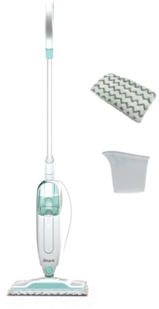 Shark Dampfreiniger, leichter Dampfreiniger für Hartböden mit 2 maschinenwaschbaren Reinigungspads und Füllflasche 375ml, 5.5 m Kabel, 30 Sekunden Aufheizzeit, Weiß & Grün S1000EU