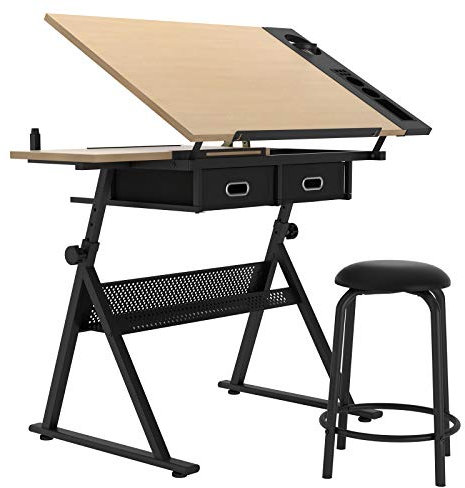 soges Table à Dessin Planche à Dessin avec Tabouret Réglable en Hauteur de 70 à 86 cm avec Tiroirs et Étagère de Rangement Bureau d'Ordinateur