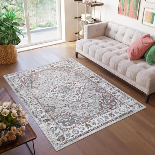 TAPISO Valley Teppich Kurzflor Hellgrau Rostbraun Blau Ornament 120 x 170 cm