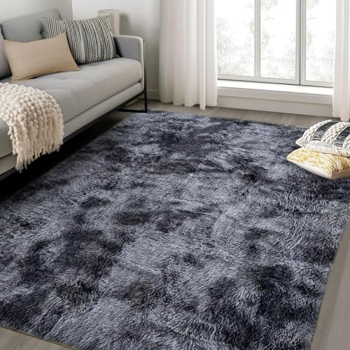 Calore Großer Flauschiger Teppich mit langem Flor, groß, weich und bequem, für Wohnzimmer, Schlafzimmer, Kinderzimmer, Heimdekoration, Grau Schwarz, 120 x 160 cm