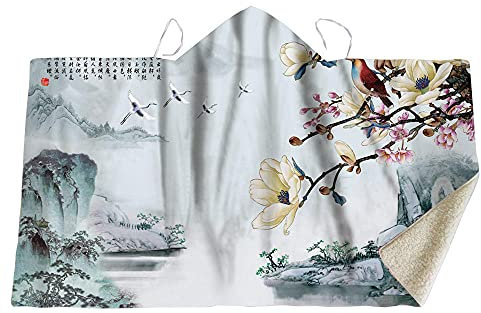 Kapuzendecke Decke Mit Kapuze Kuscheldecke Blanket Hoodie Baumwoll-Samtlandschaft Magnolia-Decke, Verbundstoff, Super Weicher, Warmer Und Kaltbeständiger Digitaler Druck, Kapuzendecke-100X130.