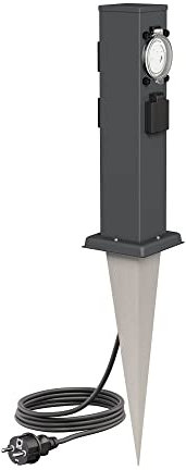 ledscom.de Colonne de Prises de Jardin Polly avec Piquet de Terre et 2m de câble pour l'extérieur, IP44, 3-Fois avec minuterie/commutateur horaire, Anthracite, carré, 38cm