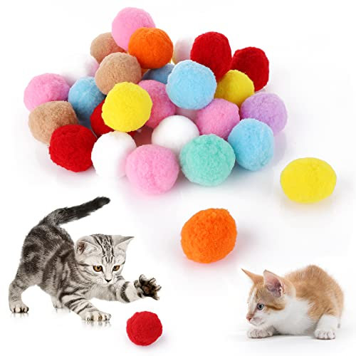 cobee 30 Stück 4 cm Katzen Spielzeug, Katzenspielzeug bälle Weiche Katzenbälle Kätzchen Pom Poms Ball Indoor Katzen Interaktives Ballspielspielzeug Plüschspielzeugbälle für Training und Spielen