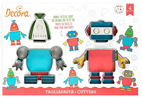 Decora 0255421 Ausstecher Aus Kunststoff Robot 4-Tlg, Silber/Schwarz, Sortiert
