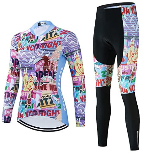 Moxilyn Damen Radtrikot Sets Langarm Fahrradtrikot +Fahrradhose mit 20D Gel,Winter Radjacke, Schlank, Winddicht Schnell Trocknend Gemütlich Bright T Shirt Radsport