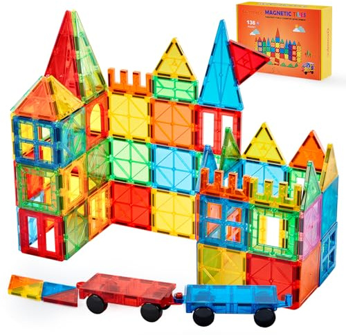 Gemmicc Magnetische Bausteine, Deluxe 136-teiliges Magnetspielzeug für Kinder, 3D Magnet-Puzzle & Stapelblöcke für Jungen und Mädchen, Großes Set mit 2 Autos