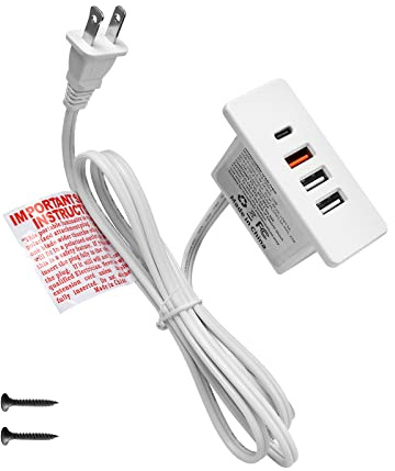 Powered USB C Hub Socket Recessed USB C Power Strip Outlet with Fast Charge 4 USB Ports 20W Mounted into Bed Desk Table Sofa (White)