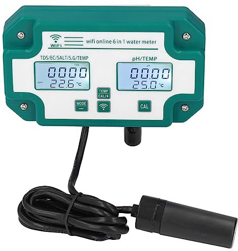 Septpenta Online 6 In 1 Wasserqualitätstester, Hochpräzise Sonden, Korrosionsbeständigkeit, Drahtlose Fernbedienung, Ph Sg Ec Messgerät, Alarmfunktion, Stabile WLAN Datenübertragung für Aquarien(EU)