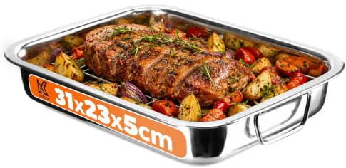 KADAX Bräter mit herausnehmbarem Grillrost, 31 × 23 cm, rechteckige Bratenform zum Braten von Fleisch, Geflügel, Fisch & Gemüse, Ofenform aus Edelstahl