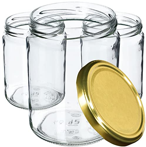 KADAX Weckgläser 540 ml - Tarros de conservas para tapa roscada, cristal de mermelada, tarro de conservas, tarros redondos (dorado/16 unidades)