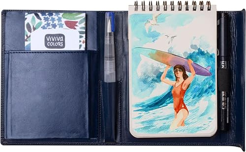 Viviva VV276053 Aquarell Reise Set A6, Kunstleder - Etui mit 16 lebendigen Aquarellfarben, Wassertankpinsel, schwarzer Marker in 0.5mm und Skizzenbuch mit 24 Blatt a 200g/m² in der Größe - A6