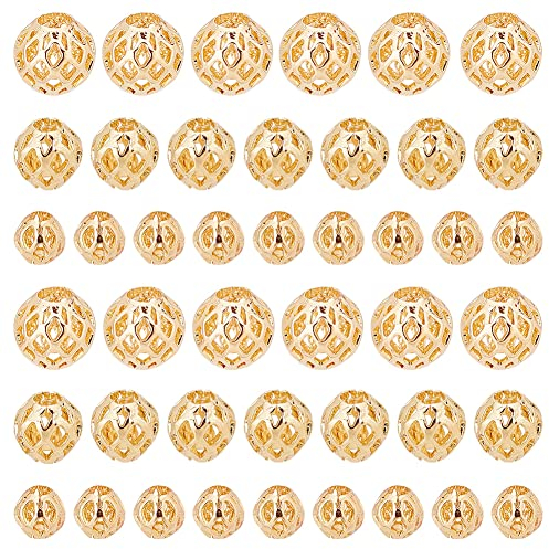 PandaHall 60 Stück Goldene Runde Perlen 14K Vergoldete Messing-Hohlperlen Filigrane Perlen Metall-Abstandsperlen Lose Perlen Für Ohrringe Armbänder Anhänger Taillenketten Halsketten Schmuck Basteln