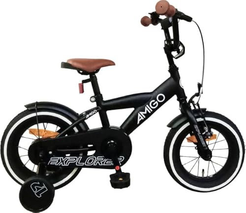 AMIGO Explorer - Kinderfahrrad - 12 Zoll - mit Handbremse, Rücktritt, Lenkerpolster und Stützräder - ab 3-4 Jahr - Schwarz/Weiss