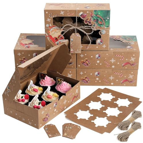 Coolty 20pcs Cupcake Boxes 6 Holes Cardboard Packaging Boxes Bakery Pastry Boxes with Window and Inserts for Cookies Muffins Cupcakes Desserts Pies (6 Holes-Brown Christmas Type)