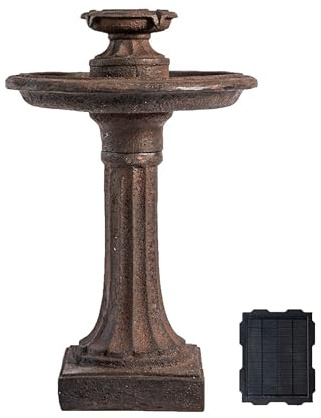 XBrand 28 Solar Powered 1-Tier Outdoor Bird Bath Water Fountain, Resin Fountain with Solar Panel Pump, Brown