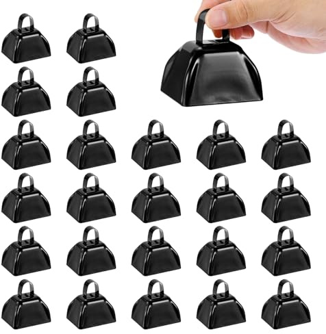 PATIKIL 3inch Cow Bells for Football Games, 24pcs Cowbells for Sporting Events Bulk Loud Noise Makers Metal Cow Bell with Handle for Cheering Competition Marathon Wedding DIY Paint, Black