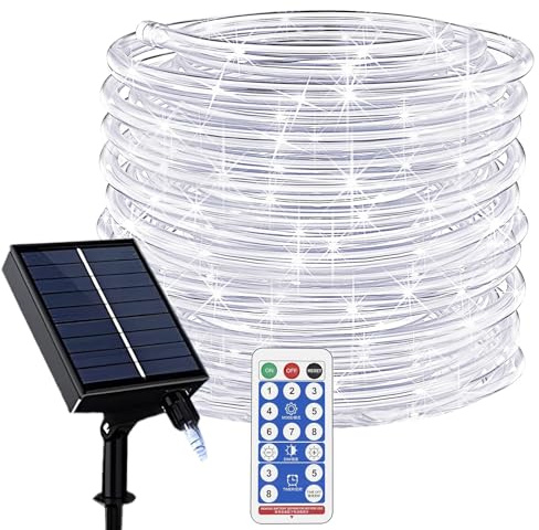 KINGCOO 100LED Solar Rope Lights Outdoor, Waterproof 32.8ft/10M Tube Copper Wire Solar Pipe Fairy String Lights with Remote Timer for Garden Wedding Party Christmas Lighting Decoration (White)