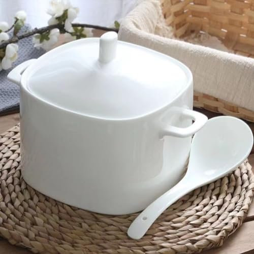 FROOWAN Tureen de sopa de porcelana de hueso con tapa y juego de cucharón, cuenco grande de cerámica de 3000 ml con cubierta para fiestas, comer, decoración del hogar, 3,090.1 g, apto para microondas