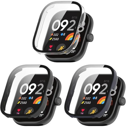 Funda compatible con Redmi Watch 4 con protector de pantalla, policarbonato duro a prueba de golpes con vidrio templado integrado (negro, azul y transparente)