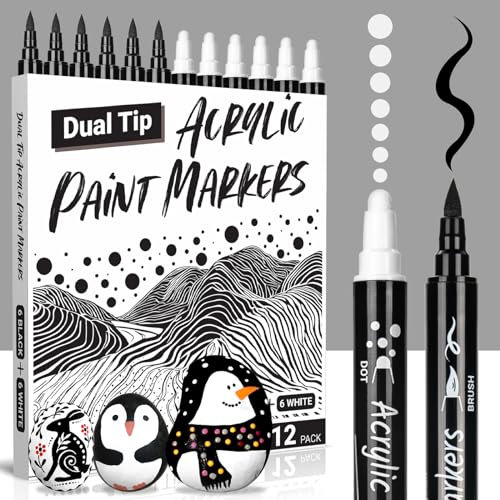 KERIFI Schwarz Weiß Acrylstifte Acrylmarker Stifte für Steine Bemalen Holz Deko Porzellan Leinwand Keramik Glas Tassen, Schnell trocknend, Pinsel Polka Dot Dual Tip Acrylstift Wasserfest Stifte