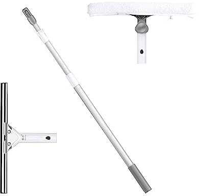 Teleskop Fensterreiniger Profi Set mit Gummilippe, Kombi Fensterwischer Microfaser 35/36cm, Gelenk und Alu Teleskopstange 400cm - auch für Wintergarten, Solar und Photovoltaik Reinigung